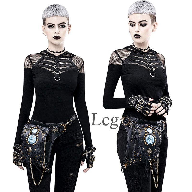 Valentoria Gothic Waist Bag Fanny Pack Leather Steampunk Bag Side Bag Travel Purse Side Wallet Punk Rock Chain Leg Bag Crossbody Shoulder Messenger Bags Handbag Hip Holster Pouch for Women Girls (Black) - Image 3